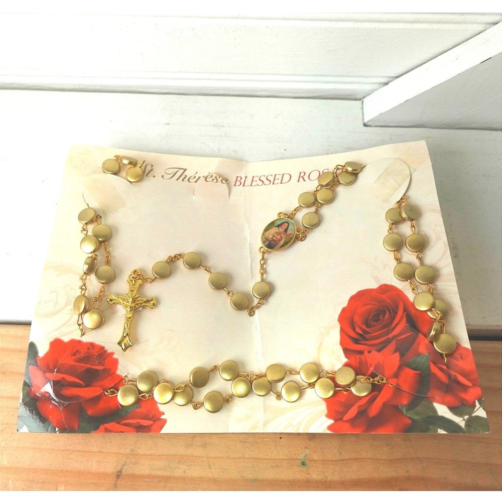 New Vintage St. Therese Rosary Little Flower Gold Tone Cross Crucifix Necklace